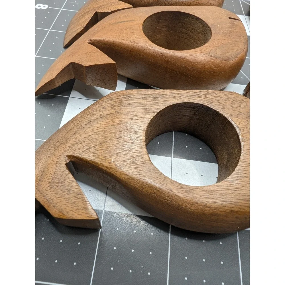 Hand Carved Wood Whale Napkin Rings Set of 8 Coastal Nautical Decor Brown